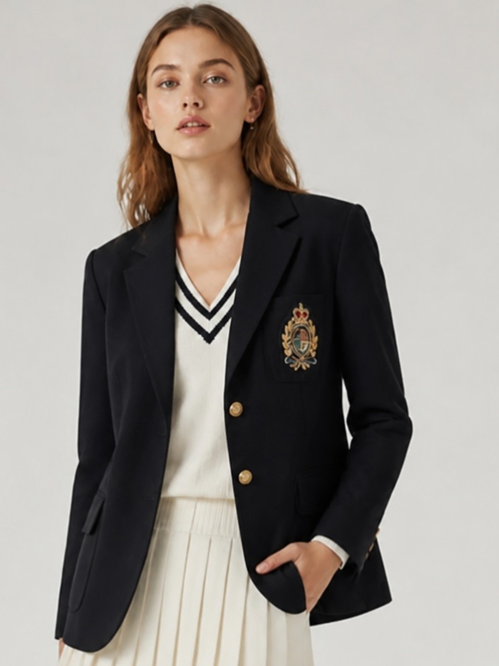 RALPH LAUREN Blazer Equestrian Black Emblem Split Collar Pocket Preppy Gold